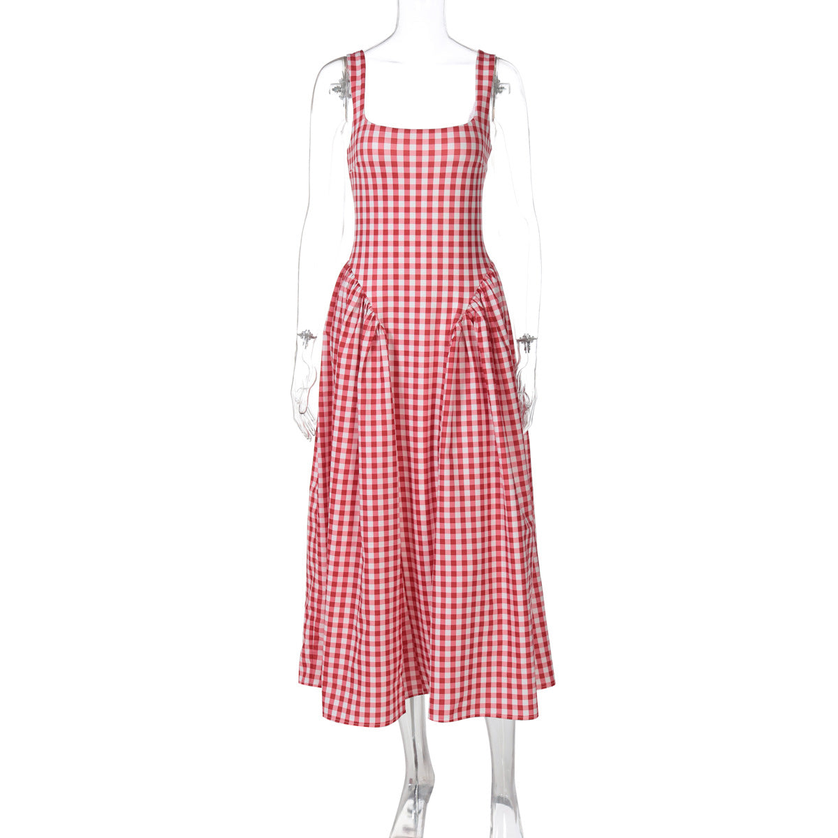 Stylish French Checkered Print Midi Dress with Backless Design