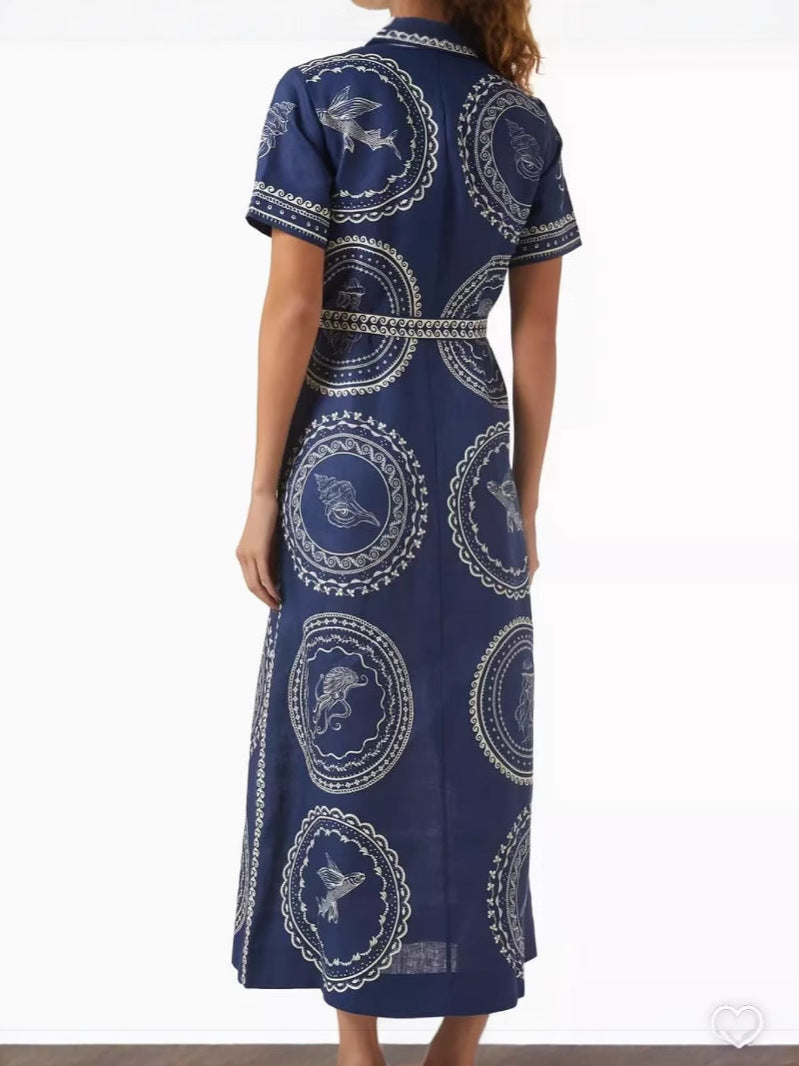 Elegant Blue Linen A-Line Dress with Animal Print