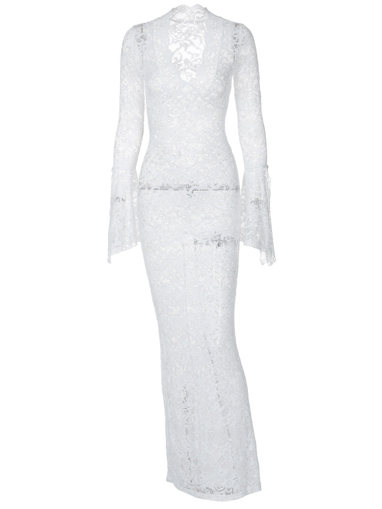 Sexy Deep V Lace Pattern Sheer Long Sleeve Maxi Dress