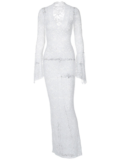 Sexy Deep V Lace Pattern Sheer Long Sleeve Maxi Dress