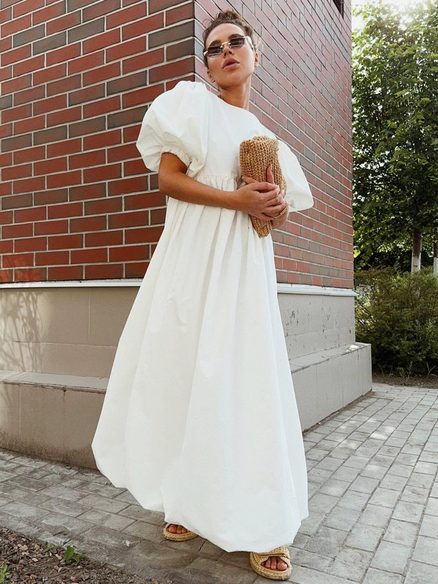 Cotton Puff Sleeve A-Line Dress Casual Solid Color