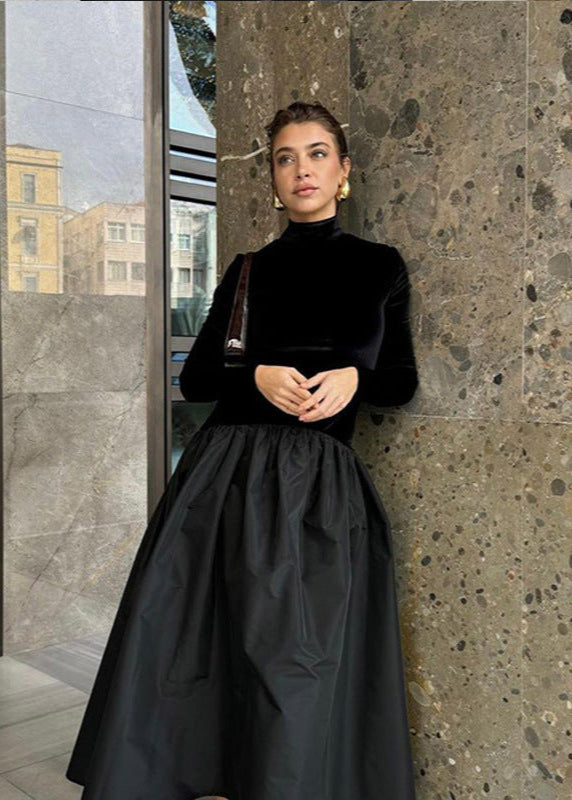 Velvet And Taffeta Maxi Dress With High Neck