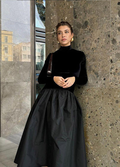 Velvet And Taffeta Maxi Dress With High Neck