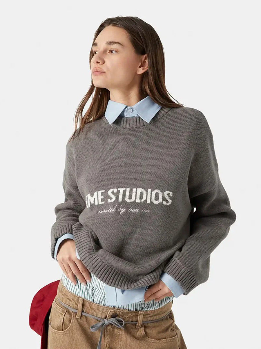 Letter Pattern Knitted Sweatshirt Casual Pullover for Women