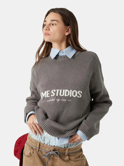 Letter Pattern Knitted Sweatshirt Casual Pullover for Women