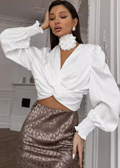 Satin Blouse With Twist Front And Puff Sleeves