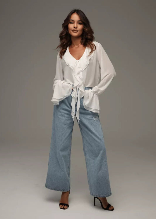 Ruffled Chiffon Blouse With Bell Sleeves