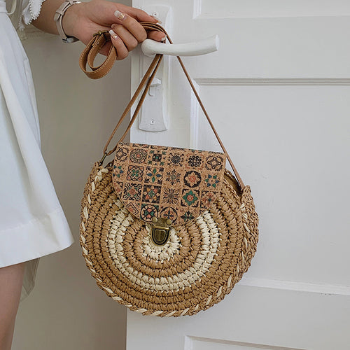 Summer Ethnic Style Woven Literature And Art Sen Series Bag For Women'S Crossbody, Minority Grass Woven Large Capacity Round Cake Bag