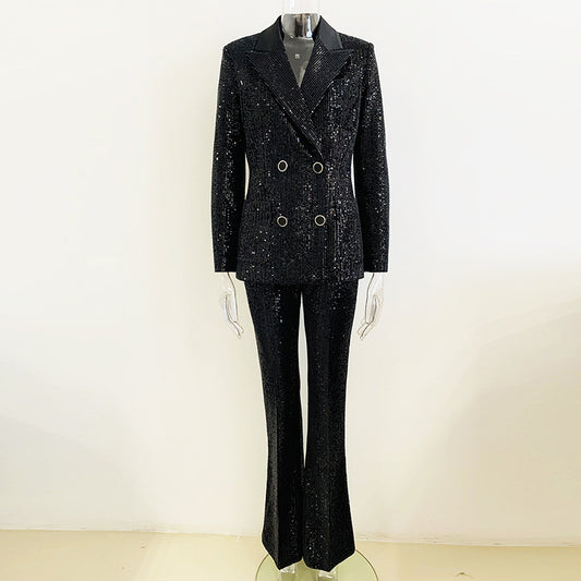 Fashionable Velvet Sequin Double-Breasted Blazer And Flared Pants Set