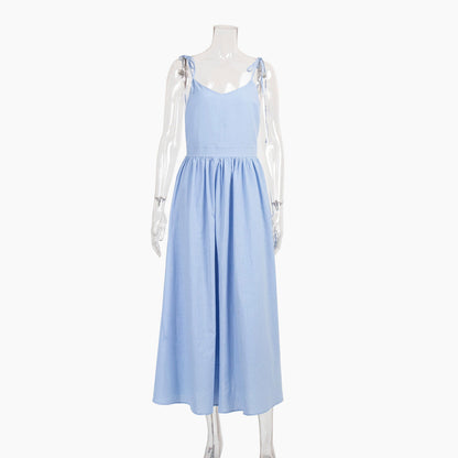 Cotton V-Neck Backless Dress Elegant Casual
