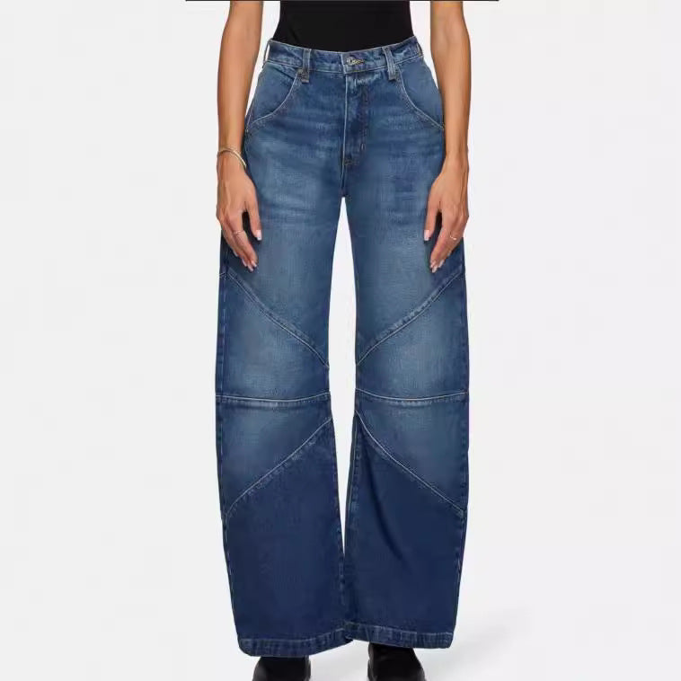 Trendy Pleated Splice Straight Leg Baggy Jeans