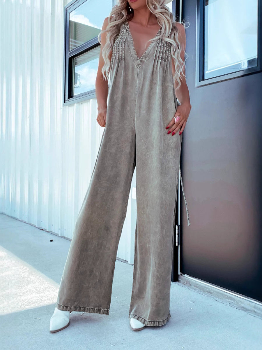 Fashionable V-Neck Sleeveless Denim Jumpsuit