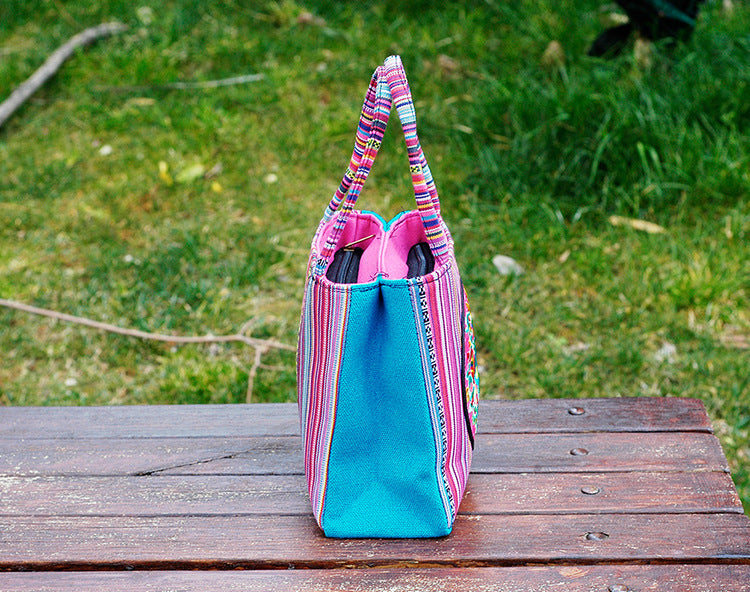New Ethnic Style Bag Women'S Handheld Double Pull Bag Versatile Small Square Bag Striped Hand Bag