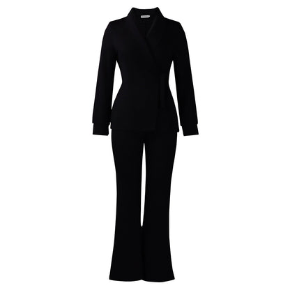 Trendy Women'S Suit Set With Tie-Front Blazer And Trousers