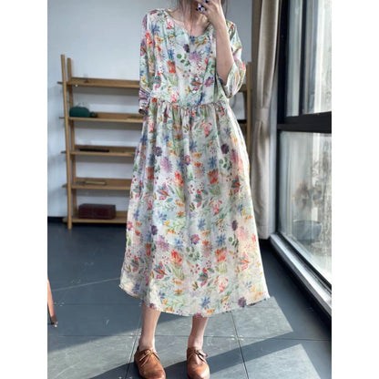 Summer Printing Unique And Unique Skirt Round Neck Forest Cotton Linen Imitation Ramie Fragmented Flower Dress