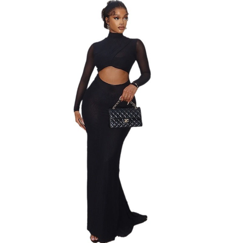 Casual Solid Color Long Sleeve Dress With Sheer Mesh Inserts