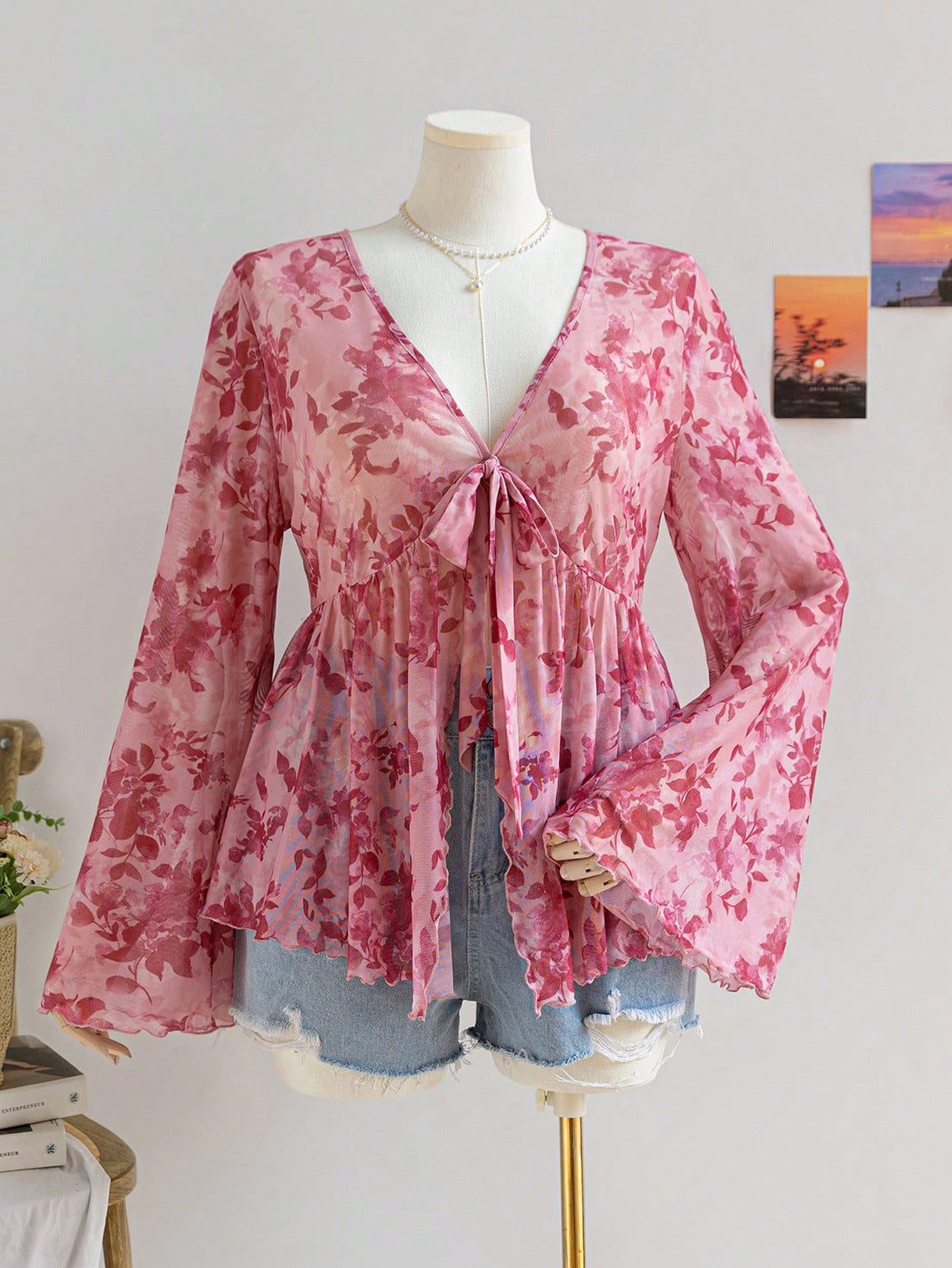 V-Neck Floral Mesh Top with Bell Sleeves