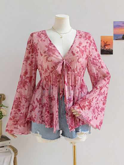 V-Neck Floral Mesh Top with Bell Sleeves