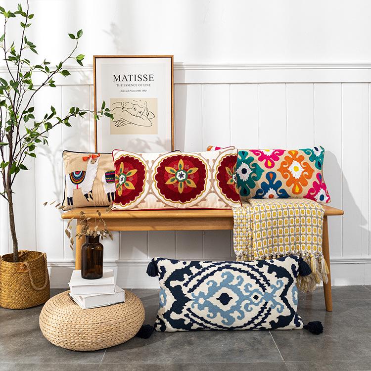New Embroidered Retro Bohemian Style Cushion Cover Tassel Wool Ball  Cushion Cover