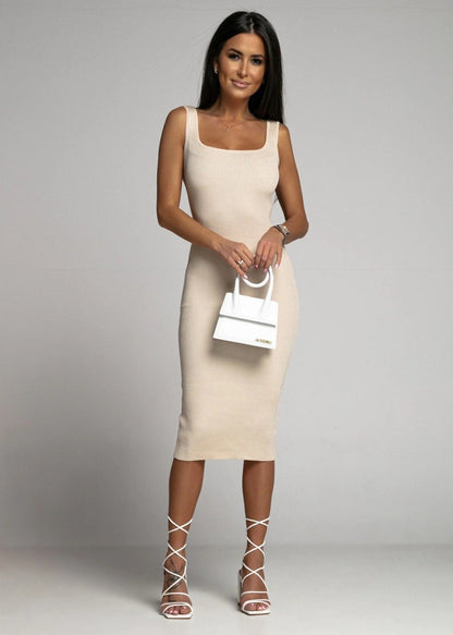 Ribbed Bodycon Midi Dress With Square Neckline