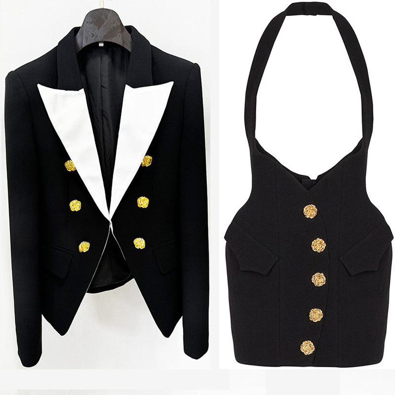 Color Blocked Blazer with Metal Rose Button