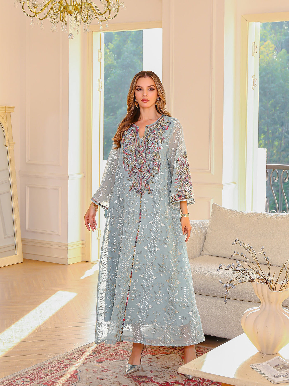 Embroidered Muslim Maxi Dress Elegant Abaya for Ladies