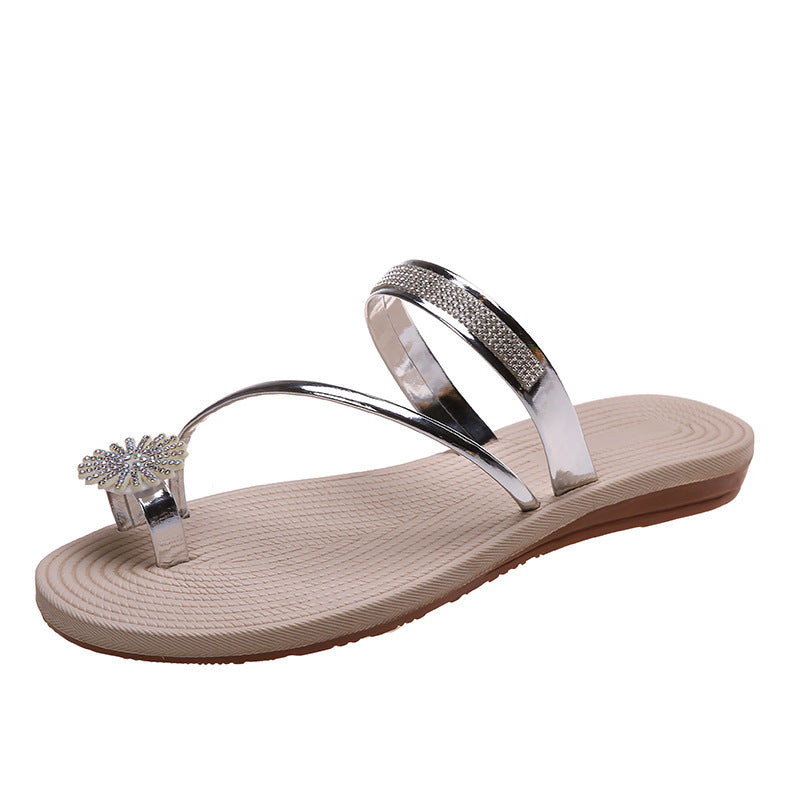 Women'S Shoes Beach Sandals Women'S Outer Wear Summer New Rhinestone Set-Toe Flat Slippers