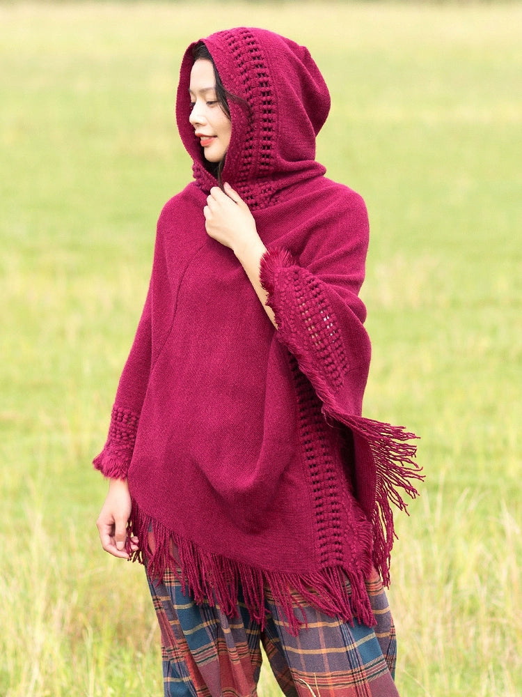 Summer Solid Color Hooded Shawl Women'S Knitting Outside With Spring And Autumn Travel Tassel Pullover Hooded Cape Shawl