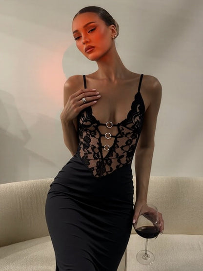 Sexy Lace-Trimmed Bodycon Dress with Deep V Neck