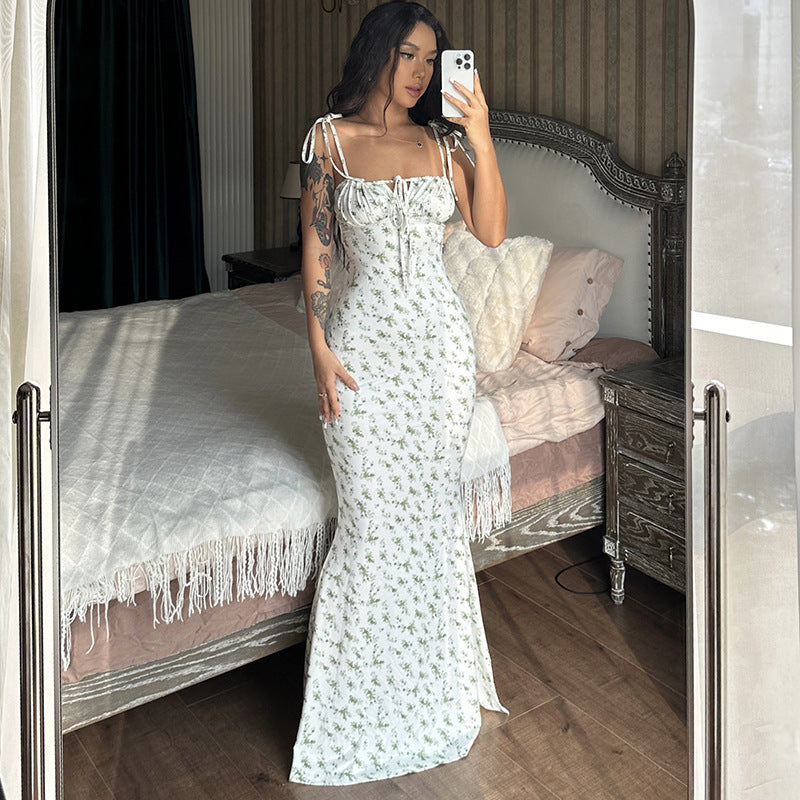 Floral Print Maxi Dress Adjustable Strap Elegant Casual Dress
