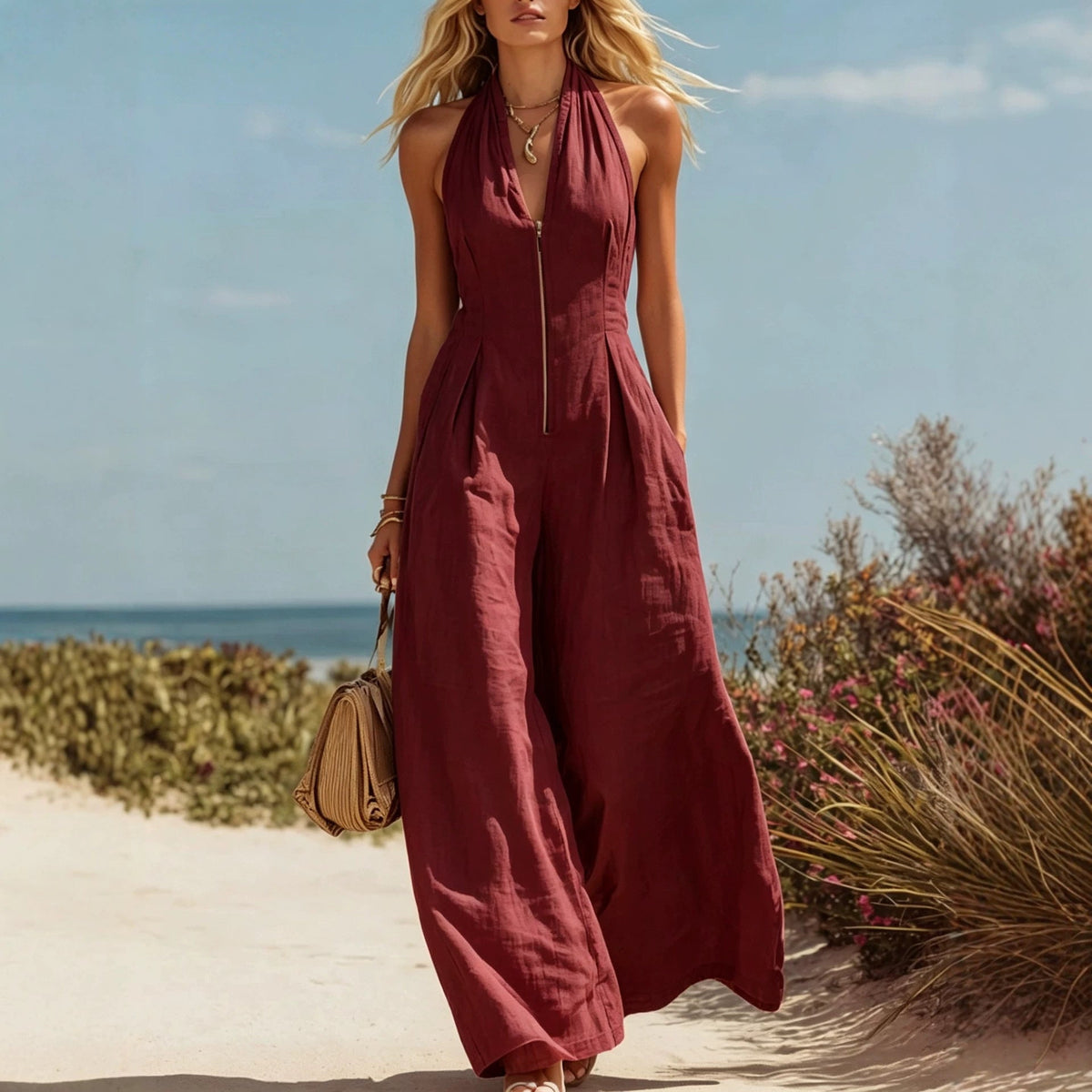 Halter Zip Front Wide Leg Linen Vacation Jumpsuit