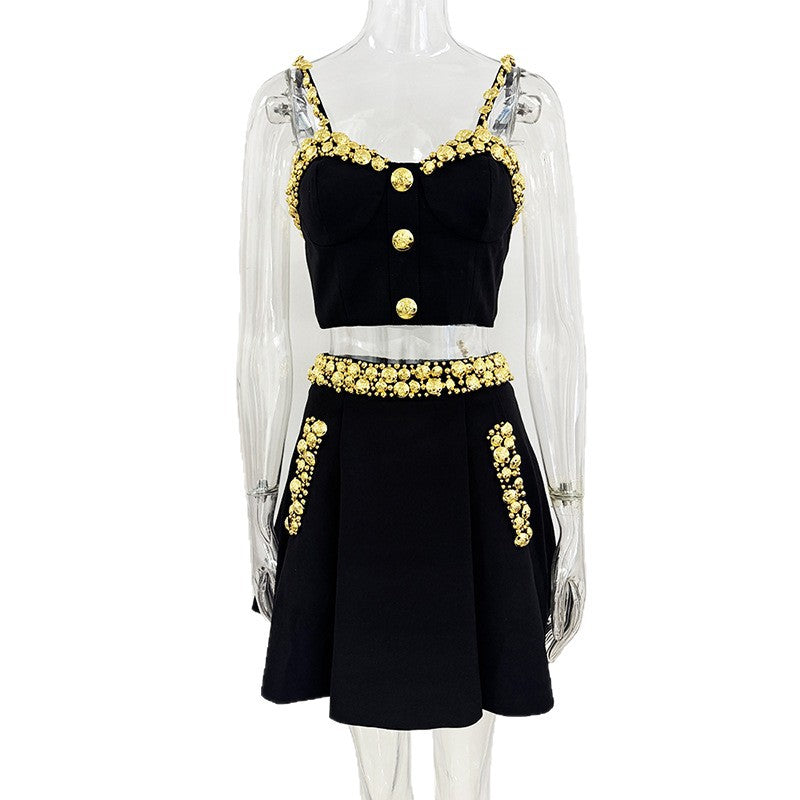 Fashionable Gold Button Decorated Cami Top And Maxi Skirt Set