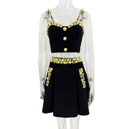 Fashionable Gold Button Decorated Cami Top And Maxi Skirt Set