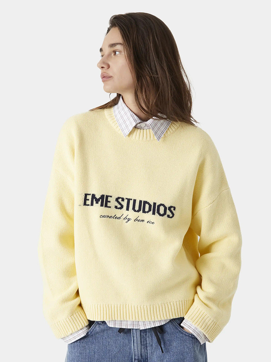 Letter Pattern Knitted Sweatshirt Casual Pullover for Women