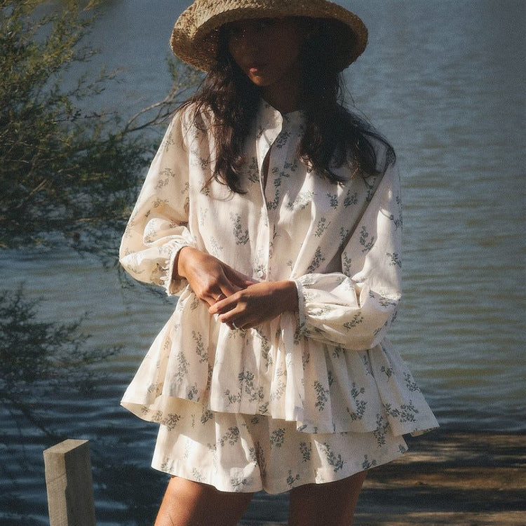 French Style Ruffle Bloom Sleeve Top And Shorts Set