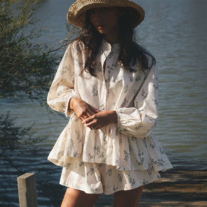 French Style Ruffle Bloom Sleeve Top And Shorts Set