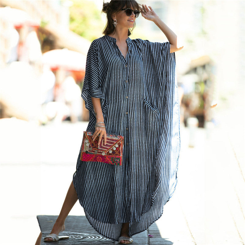 Four-Sided Elastic-Printed Beach Blouse Loose Pocket Single-Breasted Vacation Dress
