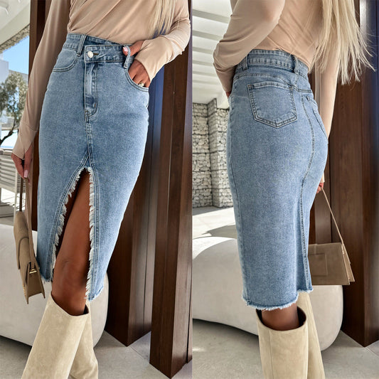 Fashionable Solid Color Denim Bodycon Skirt