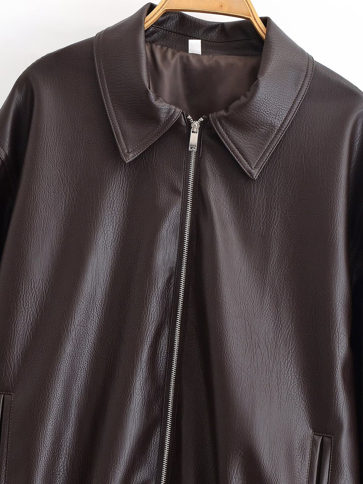 Simple Zipper Lapel Oversize Leather Jacket