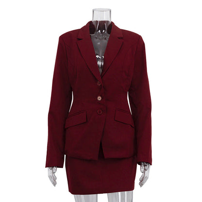 Burgundy V-Neck Long Sleeve Suit Jacket and Pencil Skirt Set