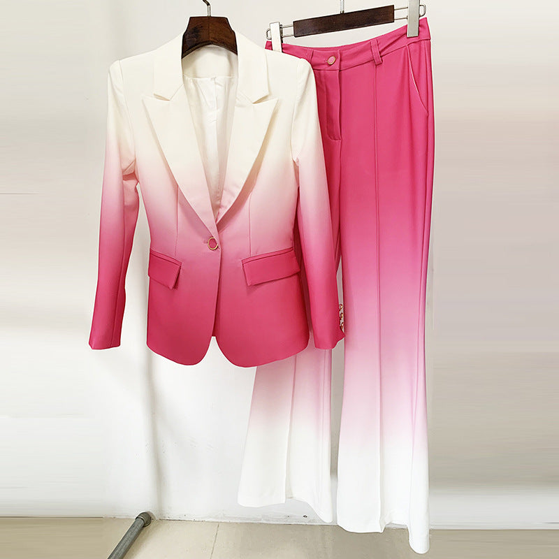 Fashionable Gradient Color Blazer And Flared Pants Set