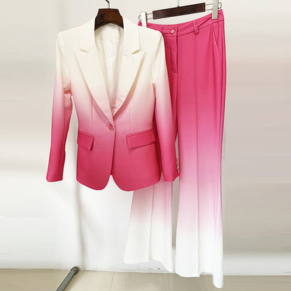 Fashionable Gradient Color Blazer And Flared Pants Set
