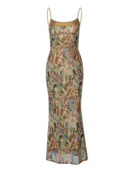 Fashionable Abstract Print Double-Layer Maxi Dress with Hollow Back
