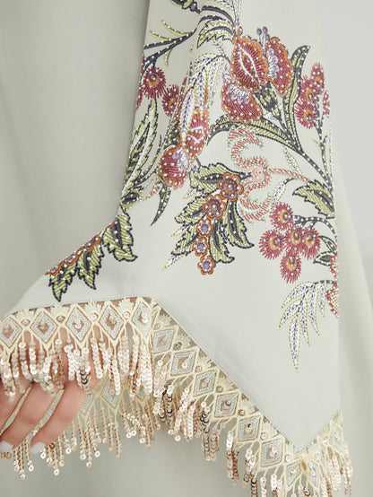 V-Neck Printed Fringed Abaya Dress for Women