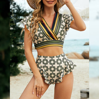 Split Bikini Two-Piece Set Of Sexy Triangle Ruffles, Backless Strappy V-Neck Swimsuit