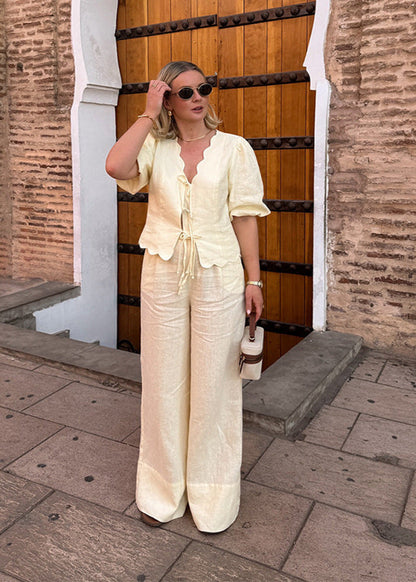 Scalloped Tie Front Blouse And Wide Leg Pants Set Polyester