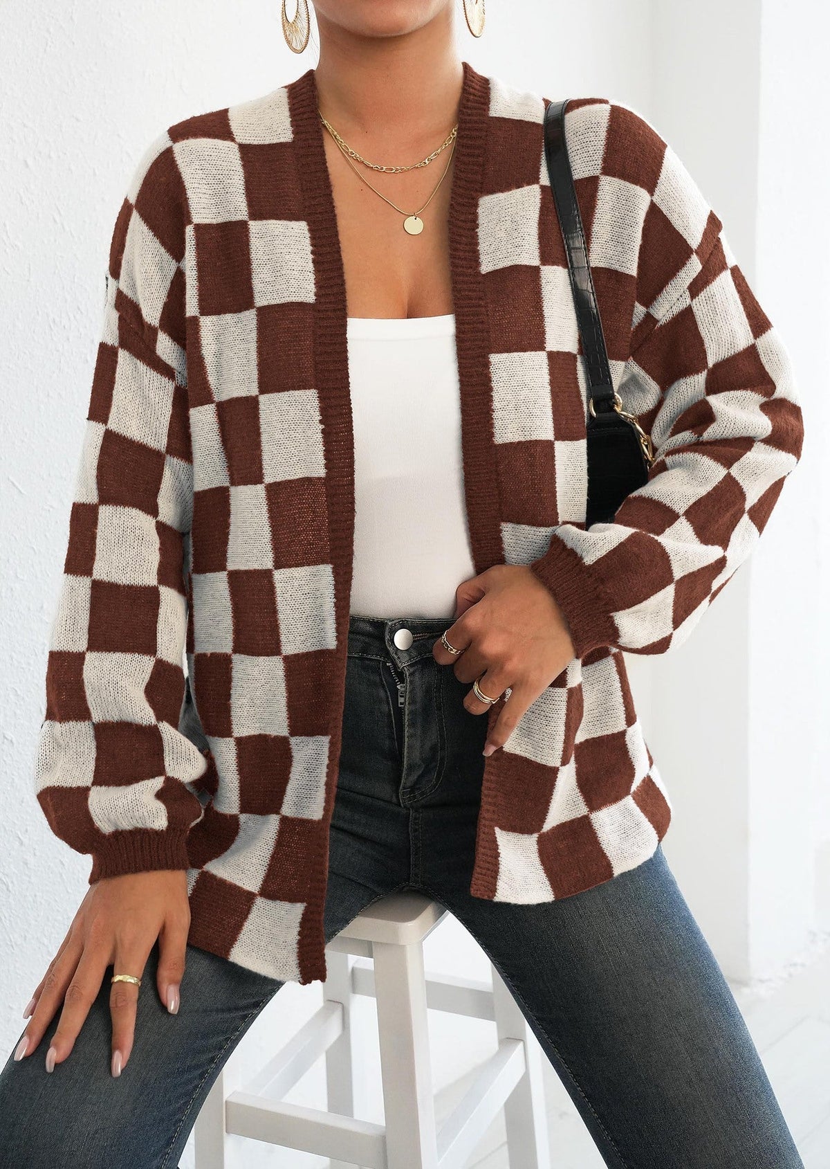 Women鈥檚 Color-Blocked Plaid Knit Cardigan Casual Sweater