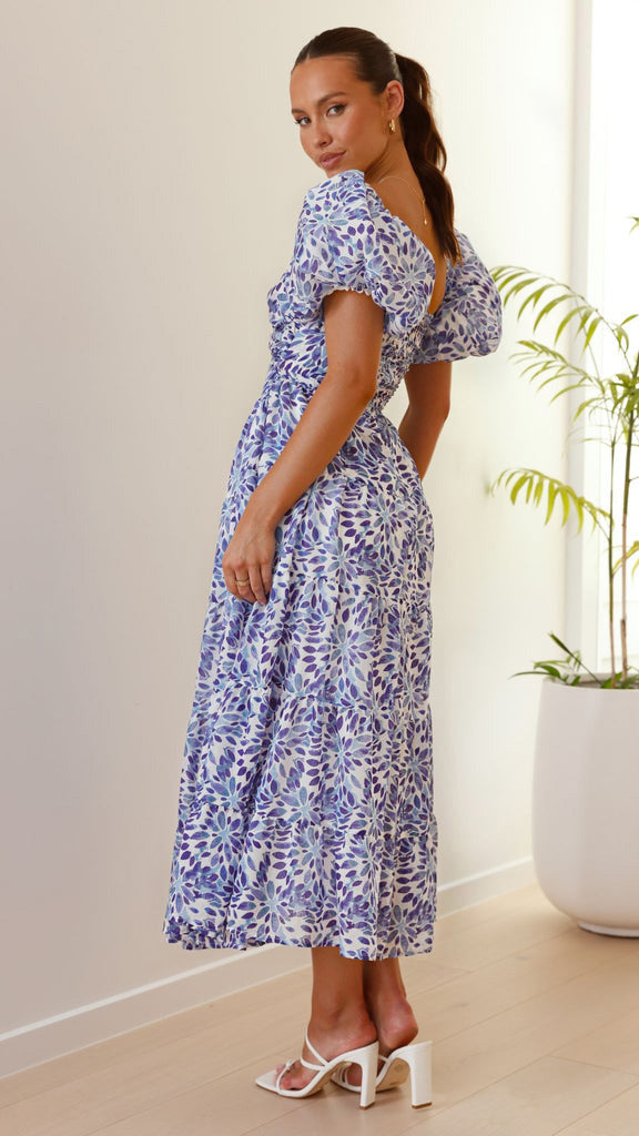 Floral Backless Puffy Sleeves Long Dress
