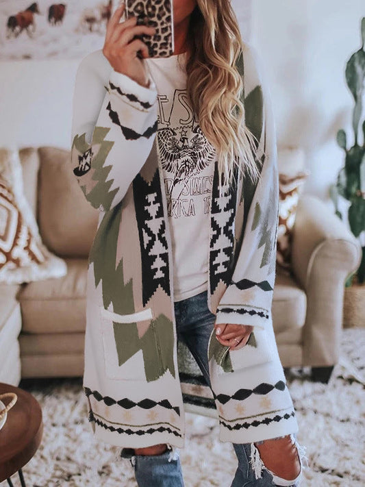 Autumn And Winter New Women'S Long Sleeved Printed Cardigan Coat Woolen Coat