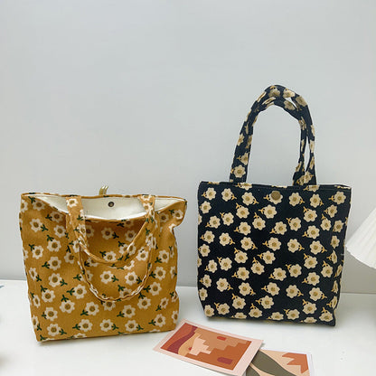 Retro Floral Corduroy Tote Bag Stylish Soft Handbag